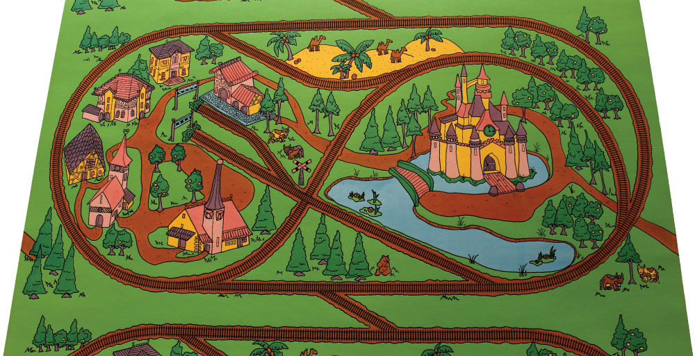 Roads/Train track commercial child care vinyl (or play mat) for fixed (glued) install or loose laying.